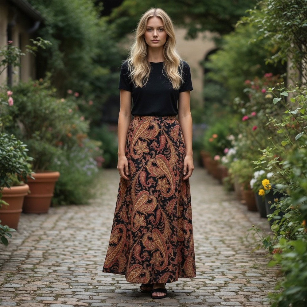 Worthington Petites Paisley Maxi Skirt 10P Black Rust Boho Y2K Lined Rayon